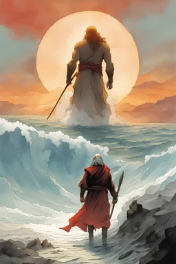 Moses splits the Red Sea, fantasy style. A soft-focus image of the golden sunset casting a warm glow, create in inkwash and watercolor, in the comic book art style of Mike Mignola, Bill Sienkiewicz and Jean Giraud Moebius, highly detailed, gritty textures,