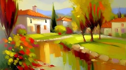 impressionist painting on canvas of Provence, in the style of impressionist masters, warm colors, delicate brushstrokes --ar 1:2 --stylize 750