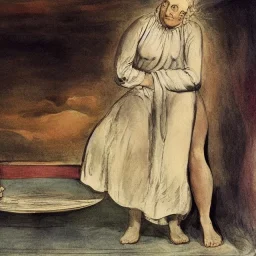 William Blake in a French maid's outfit slaving over a hot stove fantasy setting, real painting in color