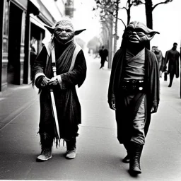 Creepy old photo of star wars Yoda and ewok type people out shopping at old town