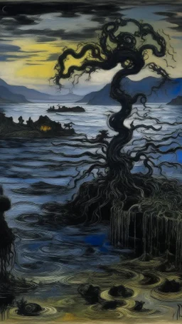A black isles with shadow monsters painted by Claude Monet