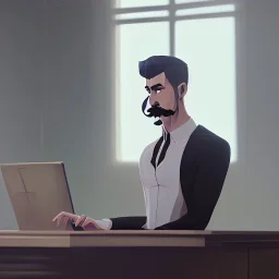 elegant man with mustache on office desk