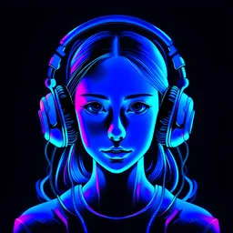 front face, girl, headphones, neon light Dark blue