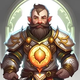 DnD, Halfling, Male,Young, Cleric, Epic Armor, Beard, undercut Iro, Shiny holy symbol in backround