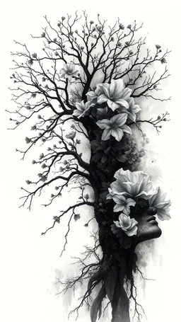 double exposure dry tree with fantasy flowers and profil face, black and gray watercolor illustration with weet ink, deep dark , surreal, dramatic atmosphere. intricate, stunning textures , mystery. stunning illustration