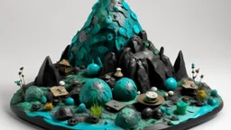 A blackish teal mountain with wasted paintings and pottery designed in Ica stones