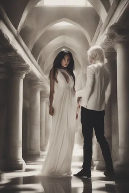 Woman with white hair wearing a white dress, walking down a sunlit stone hall, AND a handsome man in the background lurking in the shadows with long black hair