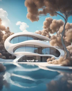 Photography of a futuristic house, in a residential area with trees. The house has organic shapes and a futuristic white design. There are bodies of water such as ponds or rivers that intersect with the urban environment. The atmosphere is summery, clear blue sky. Ultra quality, hyper detailed, 8k