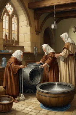 Medieval monks doing their laundry with a washering machine but make it a oil painting