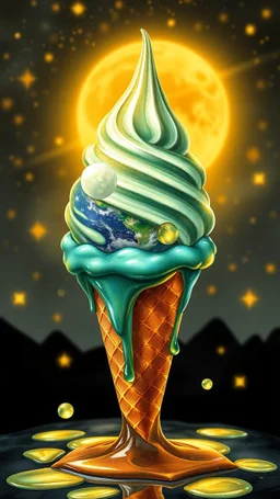 art create a 4k image of fof ice cream cone whose company name is Ben & jerry`s , illustration in the style of Luis Royo, large droplets of viscous and syrupy fluid, burnished jade, planet earth in crystal shape with the golden sun and crystal white transparent moon , Al. In side a biscuit ice cream con and glowing stars in the background with golden yellow, ink black