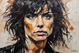 palette knife portrait of Chrissie Hynde in black leather, in the Expressionist style of Egon Schiele, Oskar Kokoschka, and Franz Marc, highly detail hair and facial features, in muted natural colors with fine detail outlining