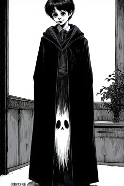 7 year old boy, necromancer, friendly, looks dead,wearing black robes, with the lower body of a ghost in the style of Harry Clarke