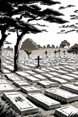 landscape, Japanese open air flat cemetery with thousand gravestones, high detail, manga style, grayscale