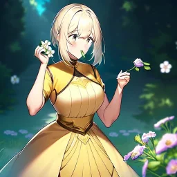 beautiful anime girl holding on to a flower and blowing the dried seeds into the air as the wind carries them away. outdoors scene.anime girl standing in a meadow of flowers. thw wind is blowing flower pedals into the wind. girl wearing yellow dress. more emphasis on seeds floating in the air. lots of seeds floating the air. lots of flower pedals floating the air behind the girl. rose pedals all over the ground.emphasis detail on the girls eyes, mouth and nose.