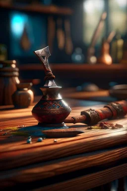 tomahawk on teak table, in the style of fantasy movies, photorealistic, shot on Hasselblad h6d-400c, zeiss prime lens, bokeh like f/0.8, tilt-shift lens 8k, high detail, smooth render, unreal engine 5, cinema 4d, HDR, dust effect, vivid colors