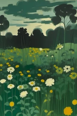 A dark green field with flowers painted by Lyonel Charles Feininger