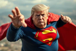 a thoroughly confused, frail, elderly and obese donald trump dressed as superman and flying