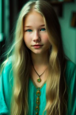 portrait of a beautiful Norwegian-asian 15 year old girl, super long blond hair, warm-hearted, goddess, turquoise