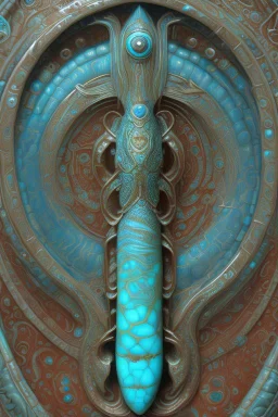 Turquoise arches and blue gates in a vertical Nautilus shell by artist "Old Poppycock"