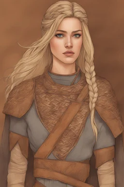 A drawing of beautiful woman with blond hair, viking braids Brown leather armor.