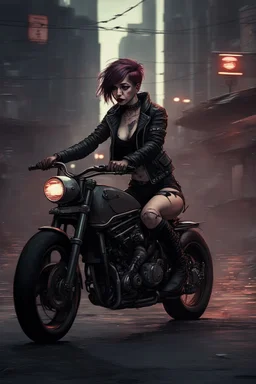 vampire girl showing fangs with short cropped cyberpunk hair riding a cafe racer motorcycle in a post apocalyptic city at night