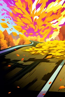 top right corner is a nuclear explosion cloud, top of explosion looks like a autumn tree full of leaves, add leaves falling everywhere in foreground, bottom 2/3 is a road through a road, a wind is blowing away from the tree. a commercial building is on the middle left