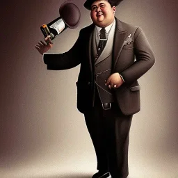 A 1930s Italian-American businessman in his 20s with a bowler hat and a tattered suit. He is obese and sad. He holds a bottle of alcohol in his hand