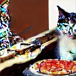 photo of a cat playing piano and guitar and pizza