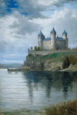 A grayish blue castle near a harbor painted by Claude Monet