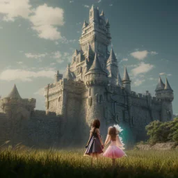 fairy tail castle with girl and wolf in the foreground