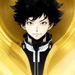 Detailed anime portrait of soulland from my hero academia, gold hair and golden eyes, black suit, intricate details, full body portrait, keep head in frame, slight smile, black Japanese motif, concept art, highly detailed, digital painting, concept art, sharp focus, illustration, art by Yoji Shinkawa, WLOP and greg rutkowski and alphonse mucha and artgerm and yanjun Chen and Junji ito and Makoto Shinkai, HDR, octane render