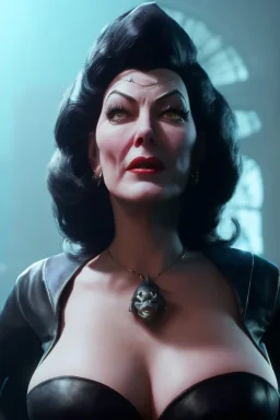 Ava Gardner as evil queen in black leather, busty, cleavage, curvy, angry, stern look. character design by cory loftis, fenghua zhong, ryohei hase, ismail inceoglu and ruan jia. unreal engine 5, artistic lighting, highly detailed, photorealistic, fantasy