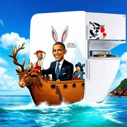 phototorealistic album cover obama doing stupid shit and bucks the bunny riding a swine pirate ship in the fridge