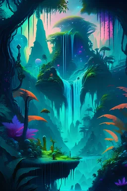 A fantastical landscape painting of a lush, alien jungle on a distant exoplanet, with bioluminescent plants, towering waterfalls, and an array of otherworldly creatures, executed in a rich color scheme and imbued with a sense of awe and wonder.