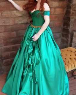 Magic princess with long auburn hair green eyes wearing a big teal green and gold satin ballgown corset off shoulder top casting magic