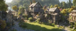 a clock-house in a beautiful surreal sunny countryside market scene with distant hills, many conjoining intricate characterful dwellings (designed by Esher), many paths & walkways & stairways, waterfalls & a waterwheel : ultra high detail, photorealistic, epic cinematic, 8K, Large depth of field