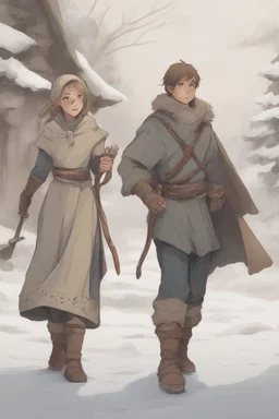 DnD style, two medieval peasant kids playing in the snow male and female, age 14 and 15, happy and playful, he has a short sword