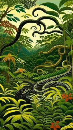 A rainforest filled with vipers painted by Henri Rousseau