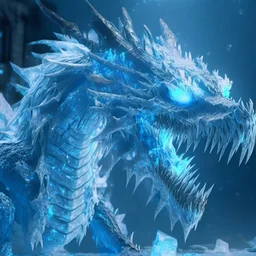 Giant horrific zombie dragon made of bones and ice, covered with glowing blue slime, photorealistic, unreal engine 5, masterpiece, trending on artstation