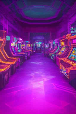 A dark photo of a full panoramic view an 80's aesthetics arcade at night, with a lot of functioning arcade machines, a vaporwave floor and some colorful tiles in between the floor. Purple aesthetics. Full panoramic view