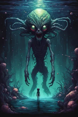 cosmic horror, nightmare, galaxy in eyes with dread, truth, alien underwater, fullbody, 8bits, pixel art,