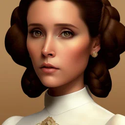 stunning half-body portrait photo of princess leia from Star Wars, hazel iris, wlop, artgerm, akihiko yoshida, and liang xing, detailed face, doe eyes, intricate braided hair style, symmetrical eyes, trending on artstation, highly detailed, white dress, dynamic pose, intricate outfit, space ship and galaxy background