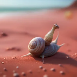 elongated gremlin female snail witch on the red sand beach ,bokeh like f/0.8, tilt-shift lens 8k, high detail, smooth render, down-light, unreal engine