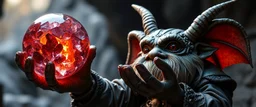 dark dwarf mining expert gremlin expert holding up a radiant Painite crystal rosette ball