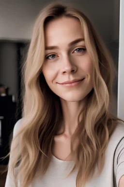 A selfie of a woman, middle blond hair, showing a 31-year-old European woman. She has brown hair, face without makeup, cute nose, detailed full lips, skin texture. Natural lighting and low contrast. Face framed.