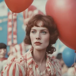 A woman with freckles, with a balloon at the circus, 1970s, red, orange, pink