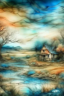 The place where the Dream and its followers live. Watercolor, fine drawing, beautiful landscape, pixel graphics, lots of details, pastel aqua colors, delicate sensuality, realistic, high quality, work of art, hyperdetalization, professional, filigree, hazy haze, hyperrealism, professional, transparent, delicate pastel tones, back lighting, contrast, fantastic, nature+space, Milky Way, fabulous, unreal, translucent, glowing