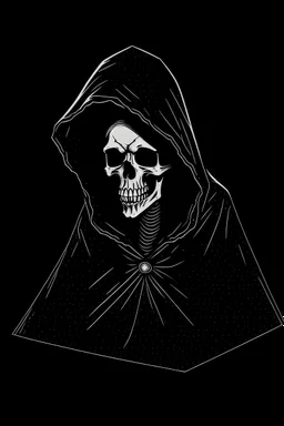 skeleton in a black hooded cloak drawn in a early animation rubberhose style, inside a light diamond shape on a black background, monochromatic