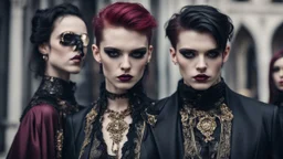 goth fashion, women and men in nice goth clothes, black, silver, gold, burgundy fashion colors, High detailed, sharp focus, looking at the camera, cinematic, masterpiece, high realistic, fashion photo