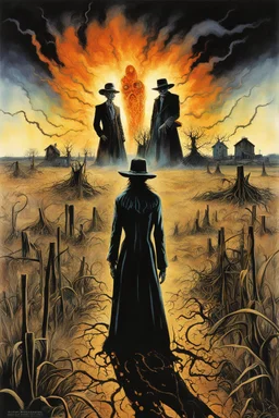 Modern horror Movie poster for text "BLACK LUNG HAY FEVER" layout by Drew Struzan, text "S.E. CASEY", by Gerald Scarfe, small dusty midwestern farm town set barren field afire to exorcise the spirits of two sinister scarecrows whose profiles can be seen in the distance, eerie, uncanny, ghastly surreal horror, digital collage art. double exposure effect, dark colors, dramatic, text "BLACK LUNG HAY FEVER"